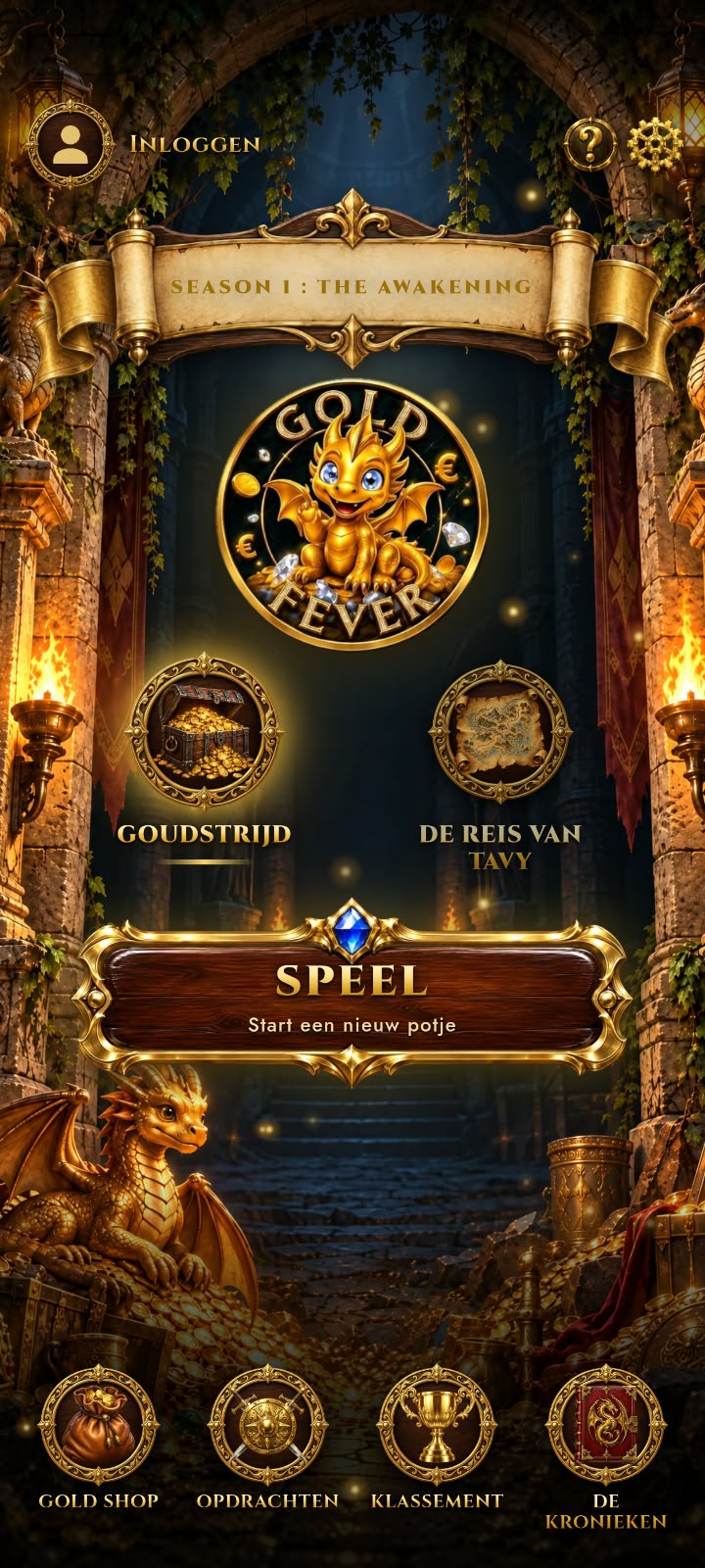 Gold Fever-startscherm met Tavy en de spelkeuzes
