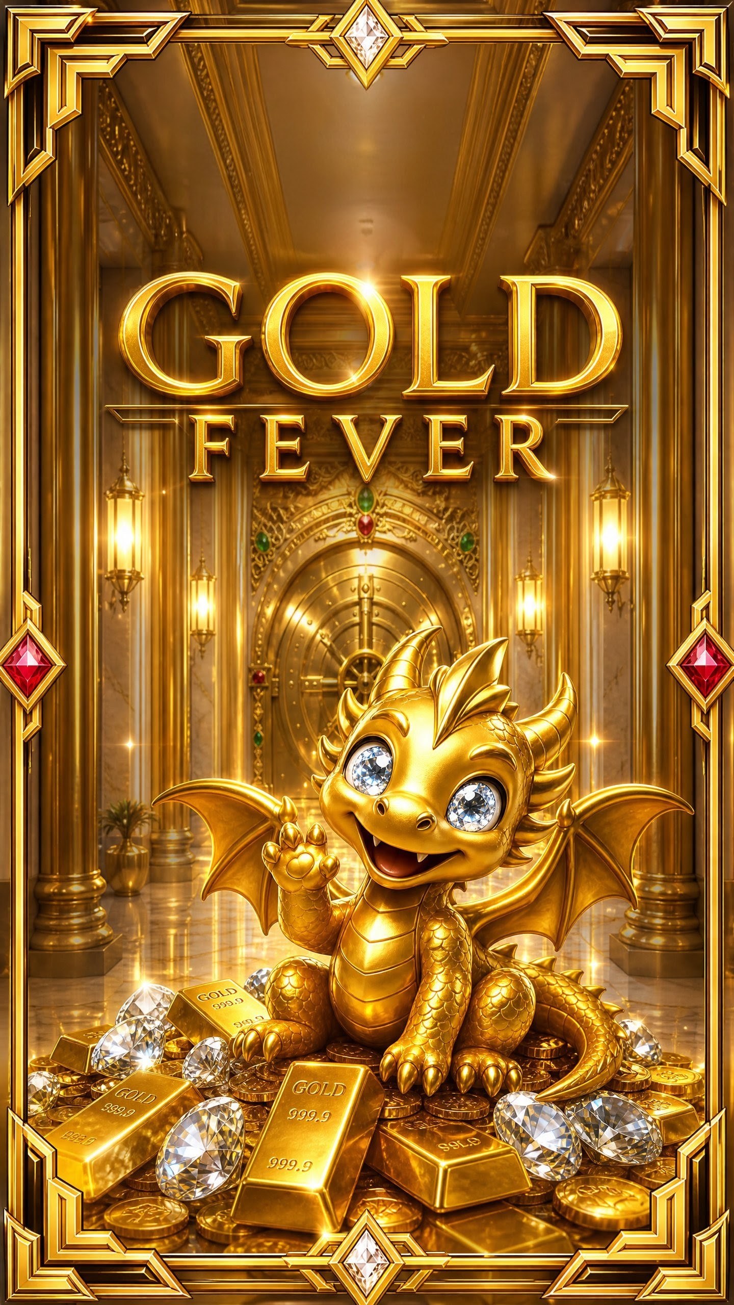 Gold Fever-splash: een gouden kluis met Tavy op een berg goud